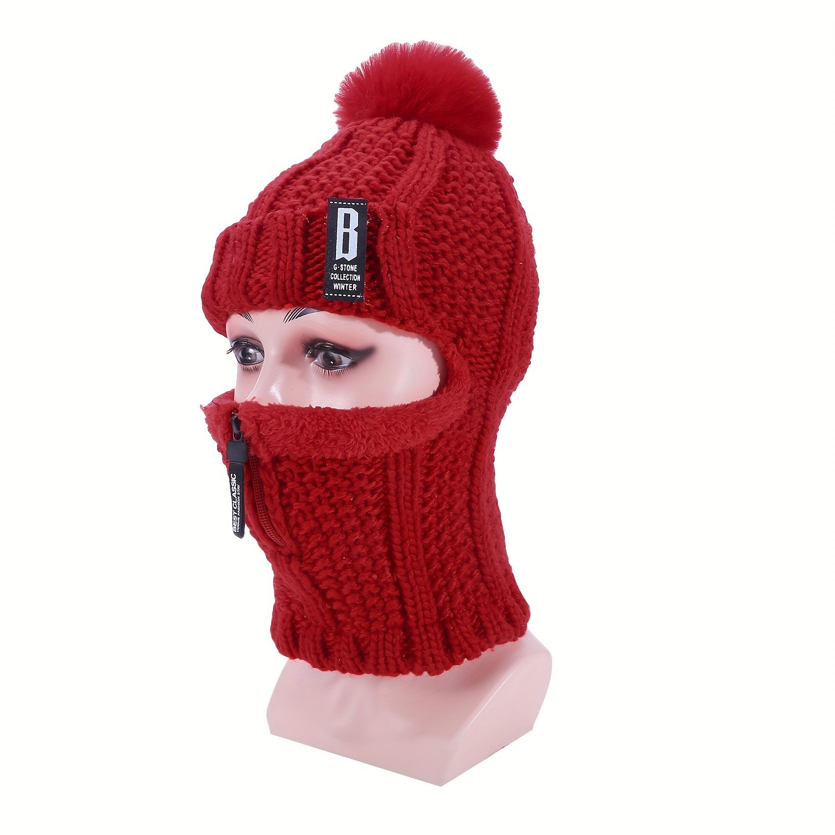 Coldproof Fleece Ski Mask Zipper Pom Winter Warm Hooded - Temu