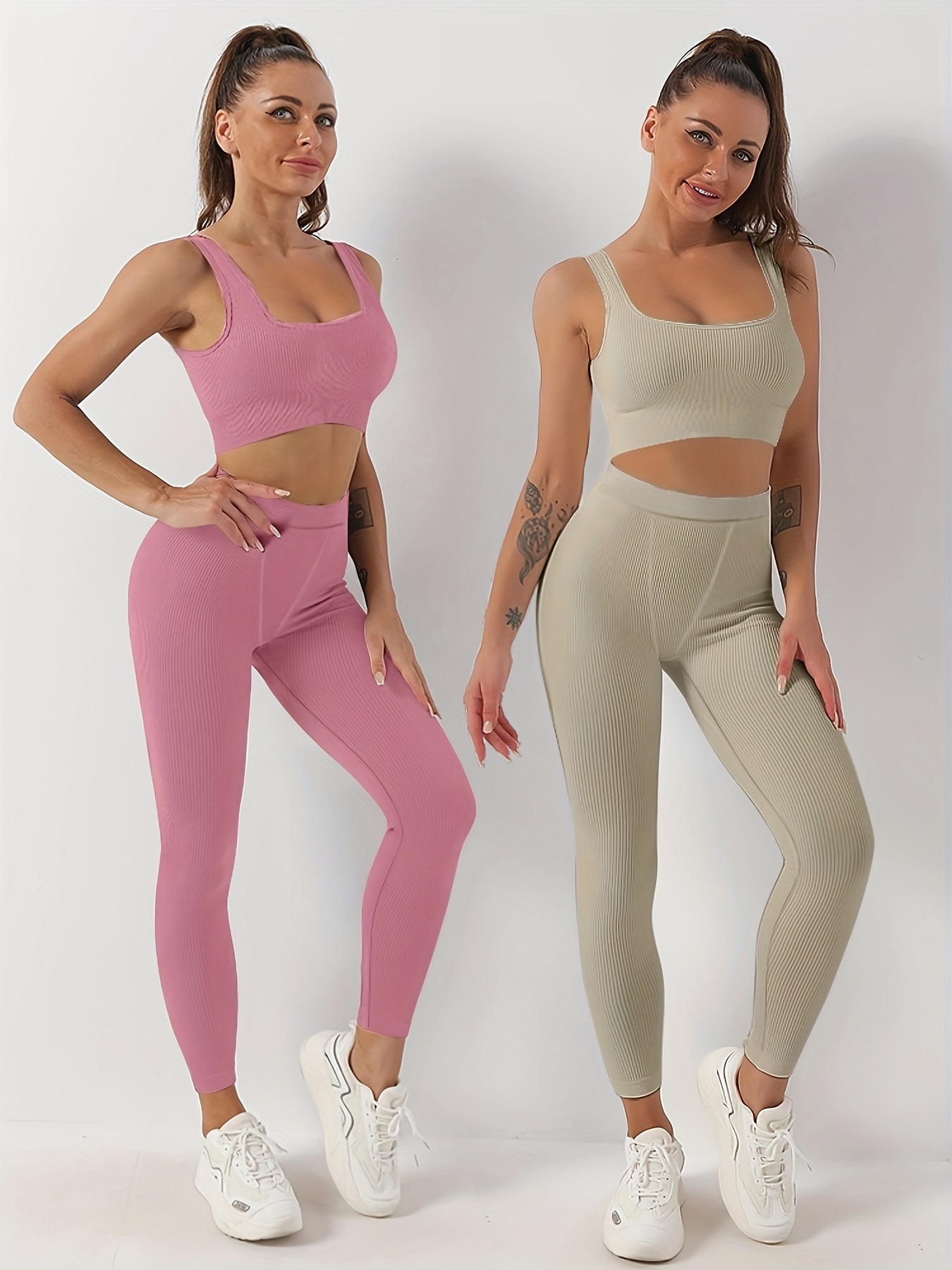 Womens Yoga Sport Set Green/Pink Gym Wear Sets Women Suit For
