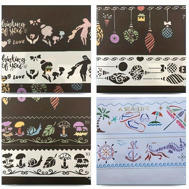 8pcs Drawing Stencils Template Set For Notebook, Multifunctional Hollow  Lace Border Plastic Ruler For Diy Journal Planner Scrapbook Coloring