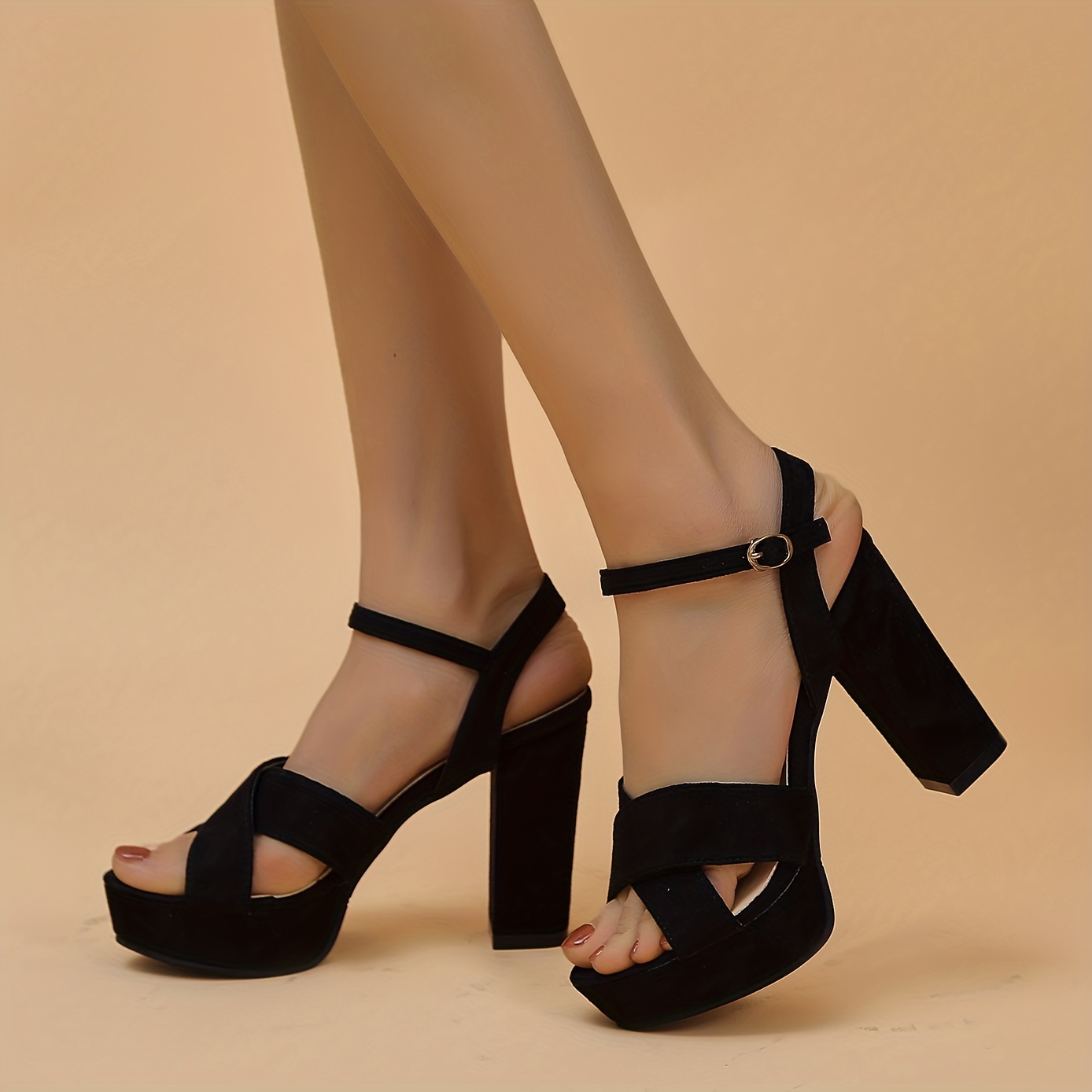 Women's Platform Block High Heels Sandals, Black Cross Strap Ankle Buckle  Strap Open Toe Pumps, Party & Dress Shoes