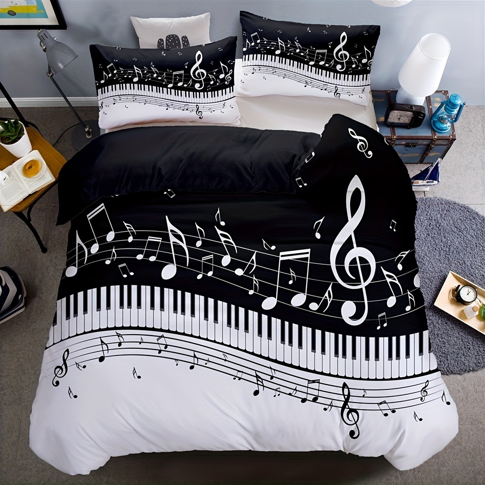 2/3pcs Black and White Music Note Duvet Cover Set - Soft Microfiber Piano Keys Keyboard Print Bedding for Bedroom and Guest Room