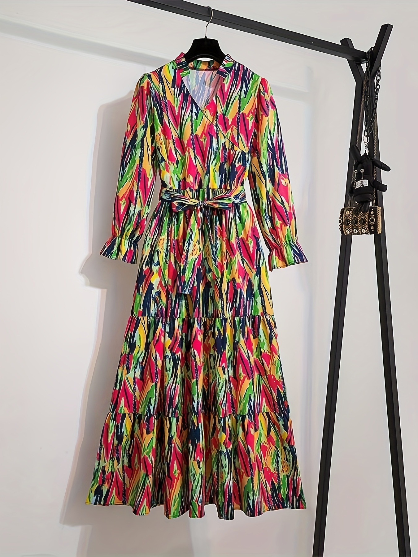 Printed Long-sleeved Swing Dress, Casual Ruffle Flowy Swing Midi Dresses,  Women's Clothing