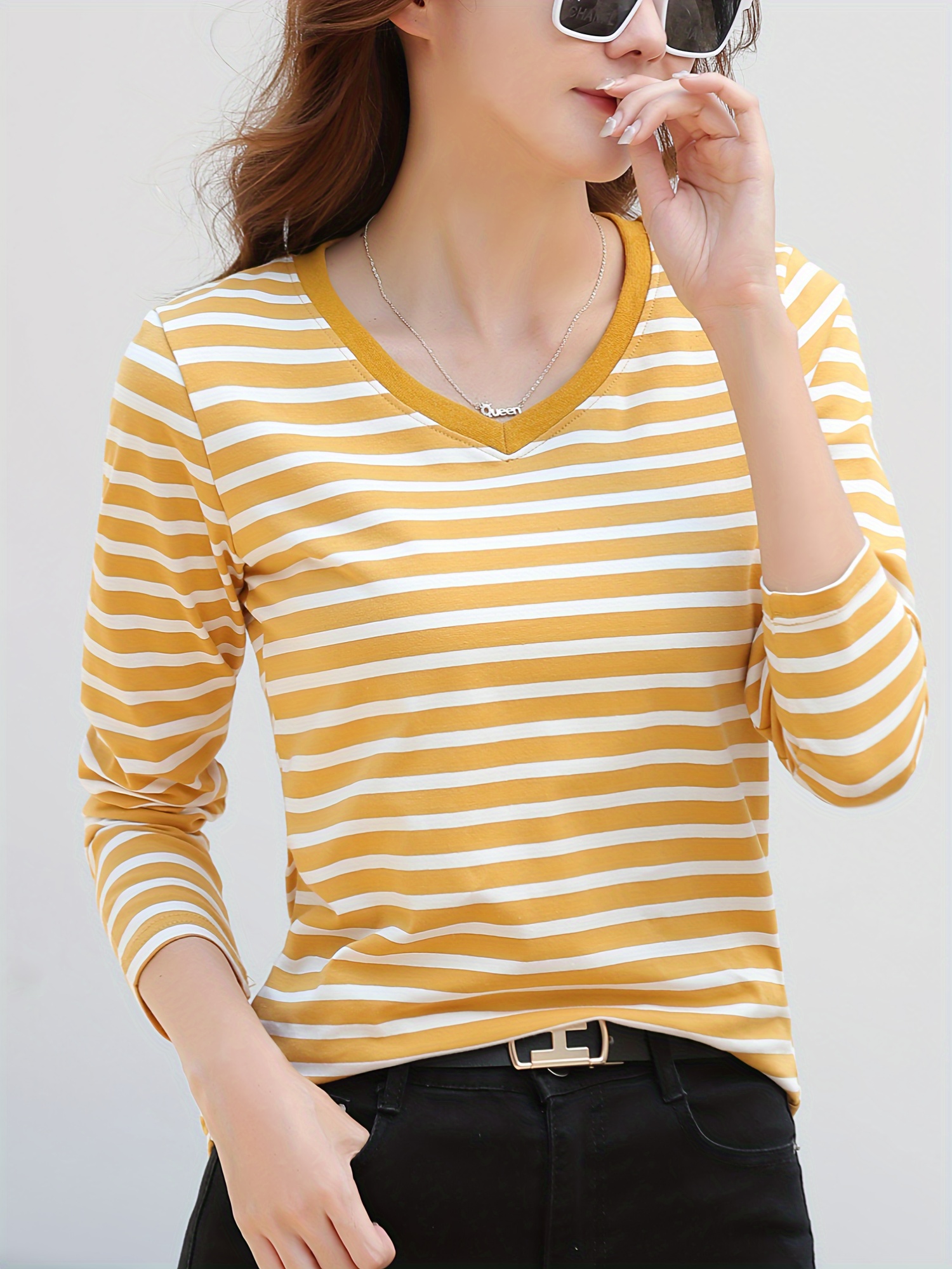 striped long sleeve t shirt v neck casual top for spring fall womens clothing yellow 3