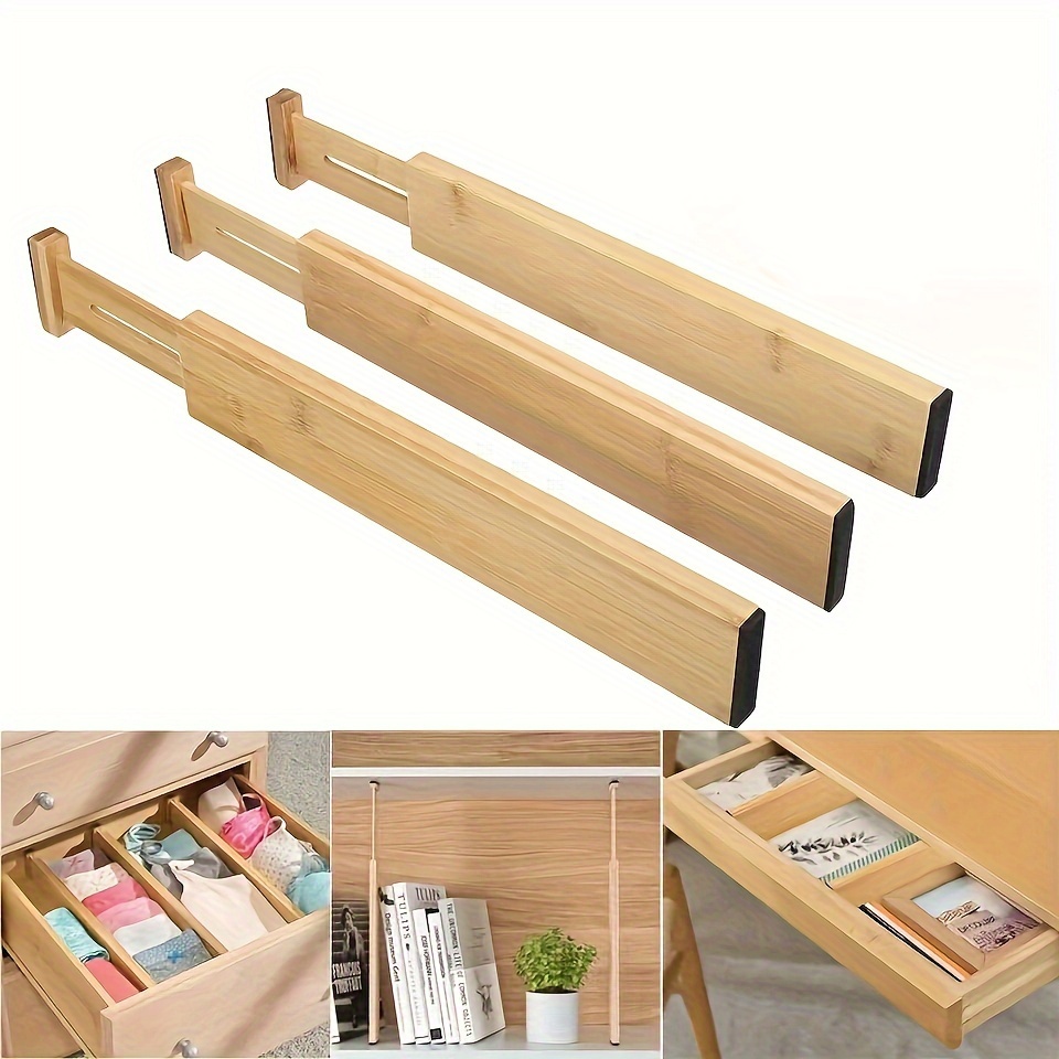 ecozoi Bamboo Expandable Drawer Organizer Dividers, Set of 6 Spring Adjustable In-Drawer Kitchen Organizer Drawer Separators with Anti-Scratch Foam