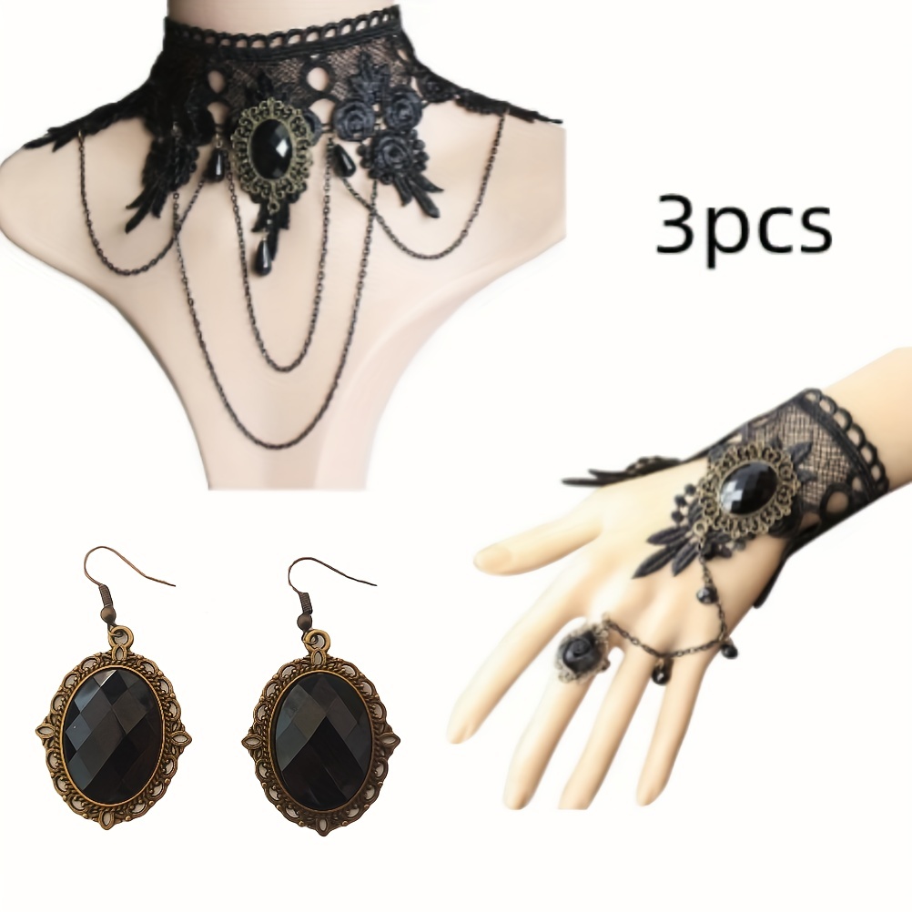 HUASAI Gothic Black Choker Necklace Bracelet Set Halloween Goth Choker Necklaces for Women Gothic Bracelet Gothic Accessories for Girls Witch Choker
