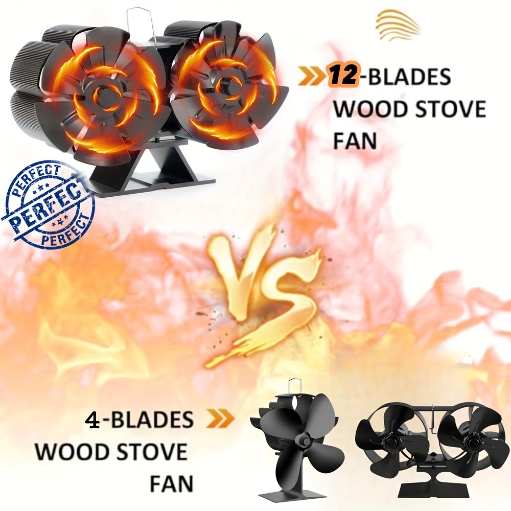 12-Blade Dual Head Heat Powered Wood Stove Fan Fireplace W