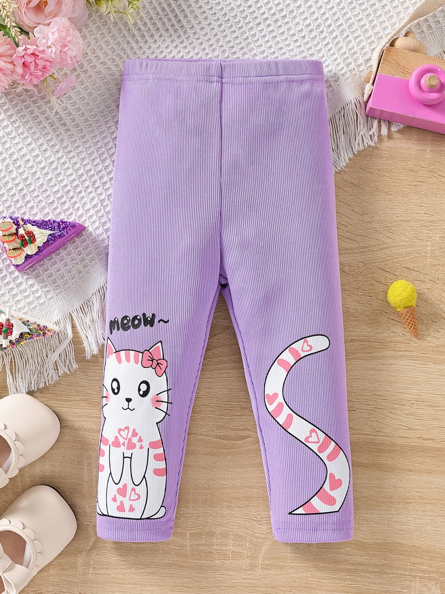 Girls Cute Cartoon Cat Print Corduroy Pants, Fashion Comfortable Trousers  For Kids Children