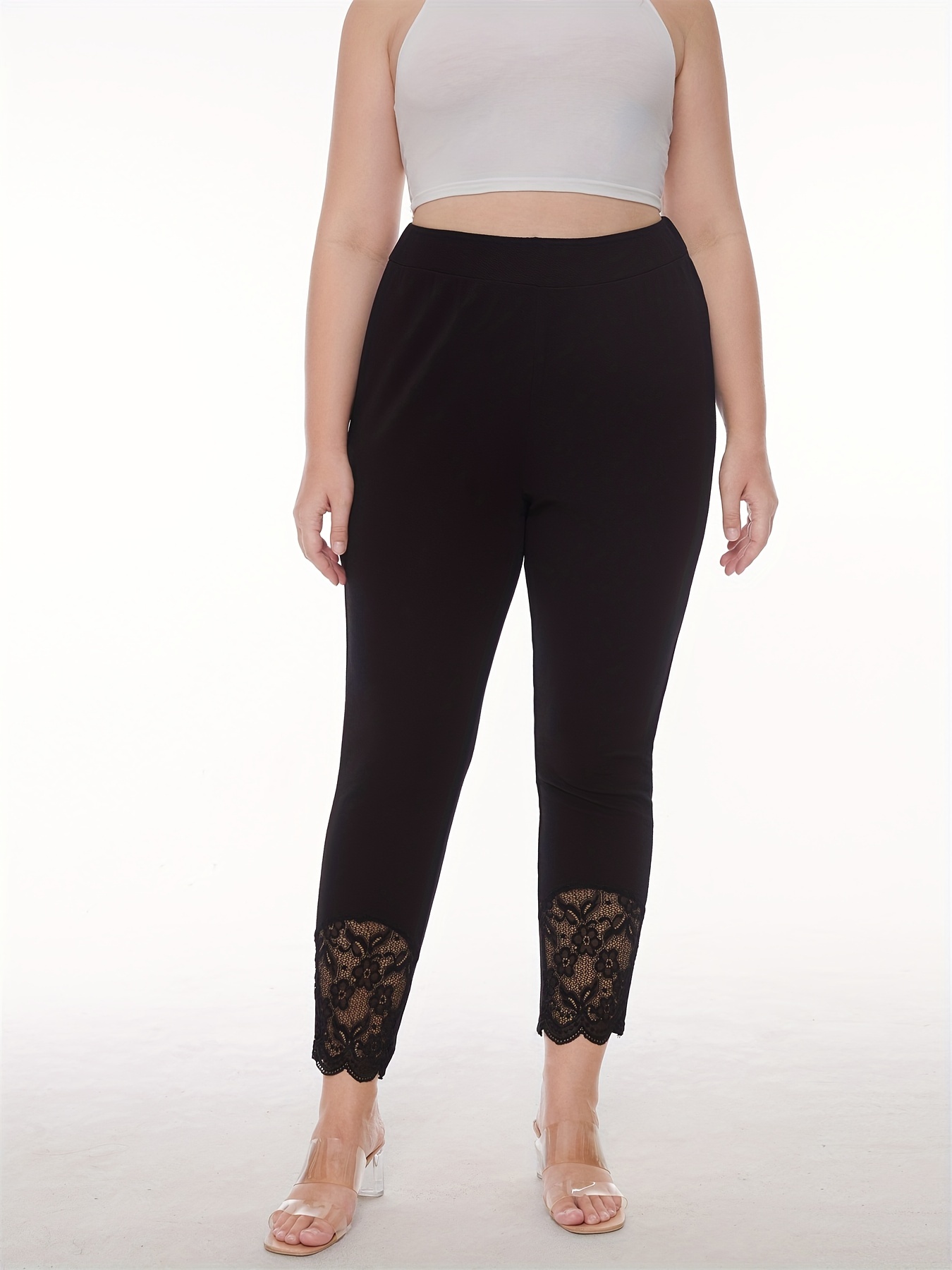 Plus Size Elegant Pants Women's Plus Solid Contrast Lace - Temu