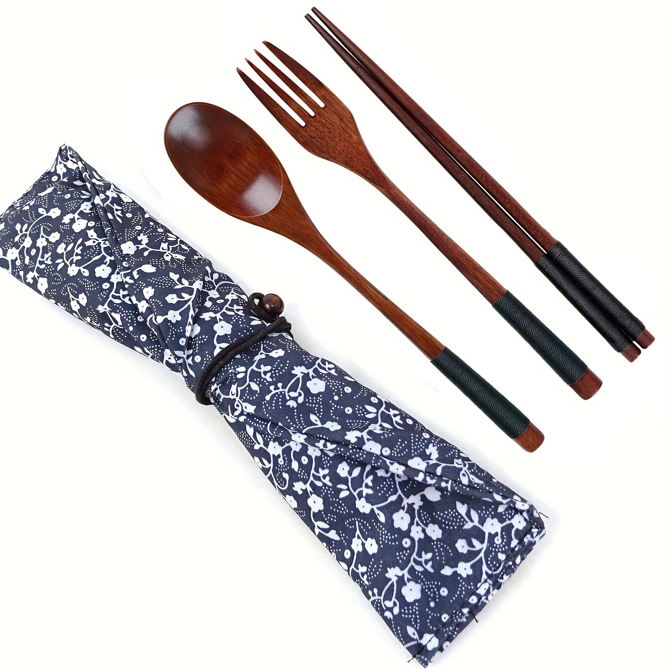 

3pcs Japanese Style Wooden Flatware Set With A Retro Cloth Pouch For Travel, Picnic, Camping Or Just For Daily Use -spoon, Fork, Chopsticks