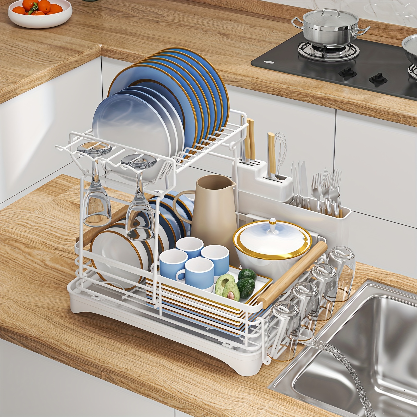 Dish Drying Rack, iSPECLE 2 Tier Dish Rack with Drainer Board with Utensil  & Cup Holder, Black
