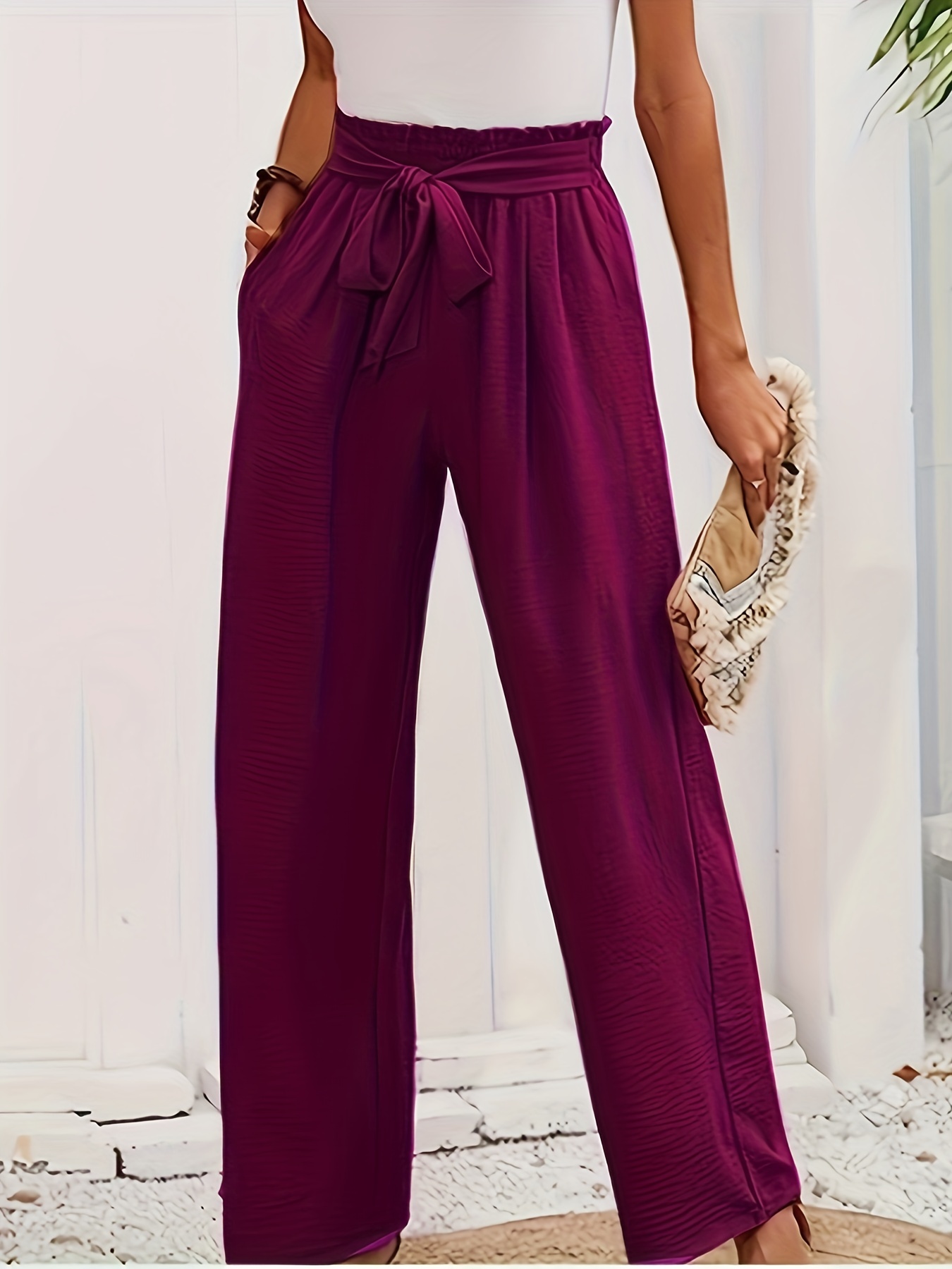 Solid Pocket Tie Waist Wide Leg Pants Casual Paper Bag Waist