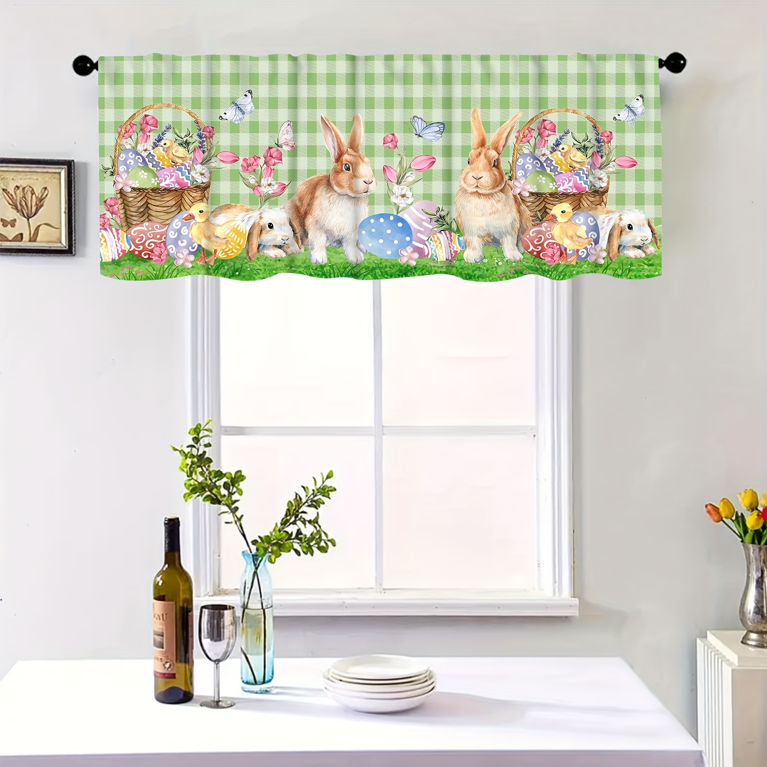 3pcs set happy easter bunny colorful eggs green buffalo plaid print curtain valance kitchen curtains semi blackout window treatment for bedroom living room cafe and home decoration
