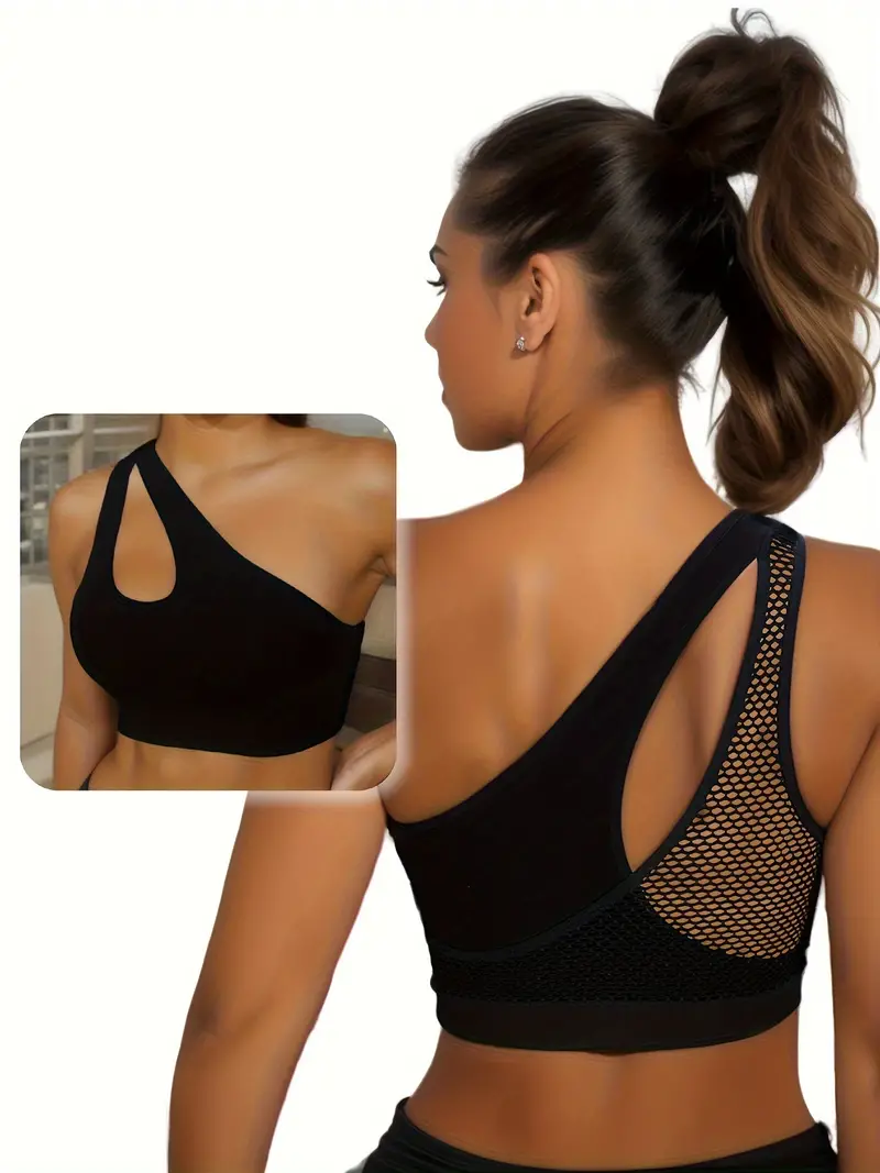 Solid Color Asymmetrical One Shoulder Sports Bra, Workout Brethable Yoga  Bra, Women's Activewear