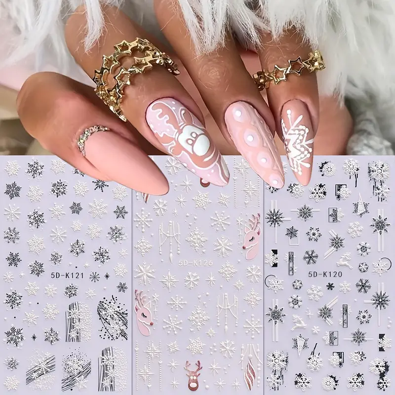 5d Embossed Christmas Nail Art Stickers,self Adhesive Snowflake Elk Head  Design Nail Art Decals For Diy Or Nail Salons,nail Art Supplies For Women  And Girls - Temu