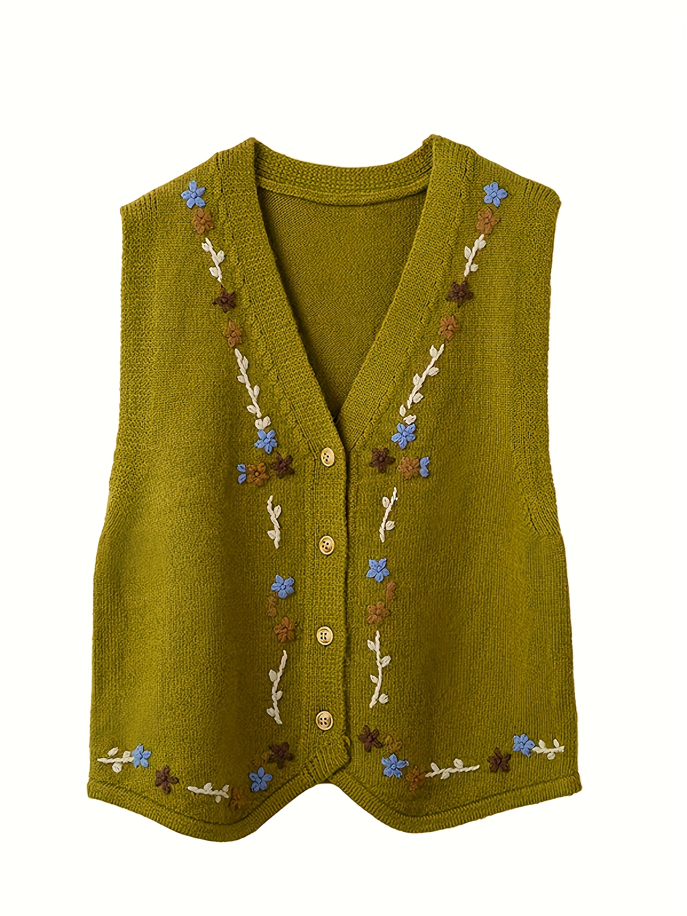Embroidered Sleeveless Knitted Vest Vintage Button Front V - Temu