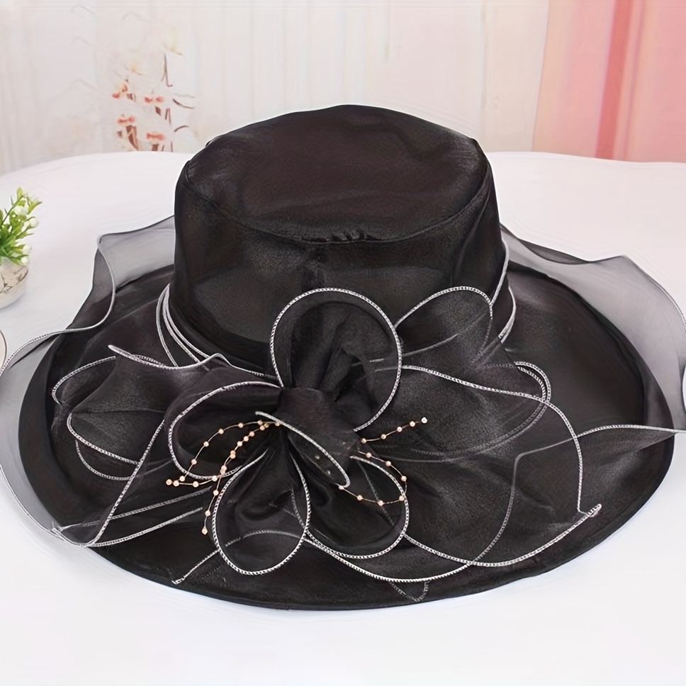 Wide Brim Organza Sun Hat Solid Derby Hat Mesh Breathable Lightweight UV Protect