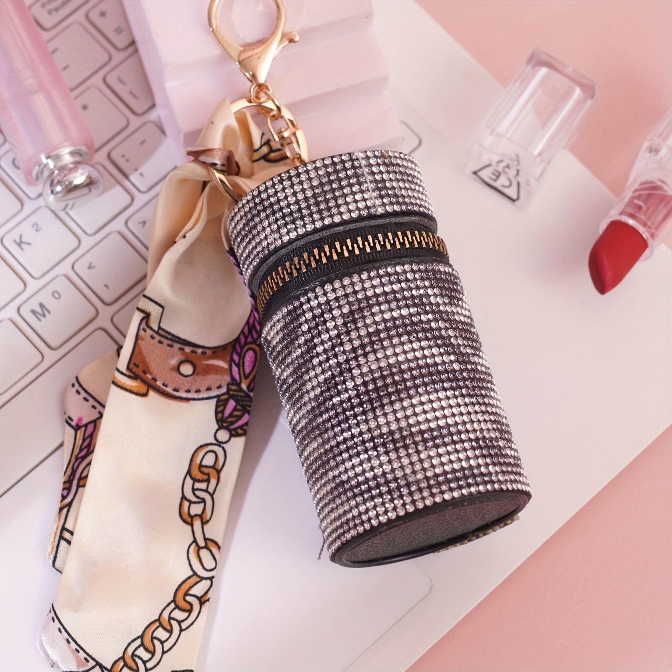 Designer leather lipstick holder Keychains with Rhinestones