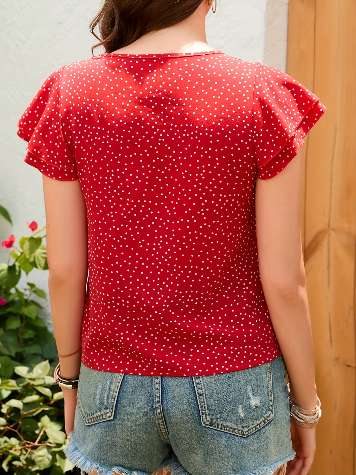 Polka Dot Ruffle Layered Hem T-shirt, Casual Crew Neck Short Sleeve T-shirt  For Spring & Summer, Women's Clothing - Temu