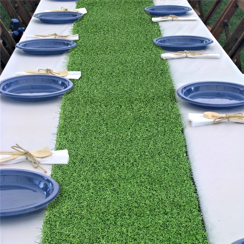 1pc Artificial Grass Design Table Runner, Green Plastic Fake Grass