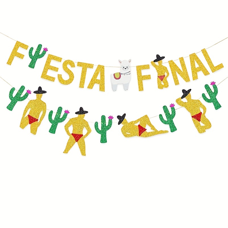 Fiesta Taco Bar Cactus Banner Garland Golden Green Glittery - Temu