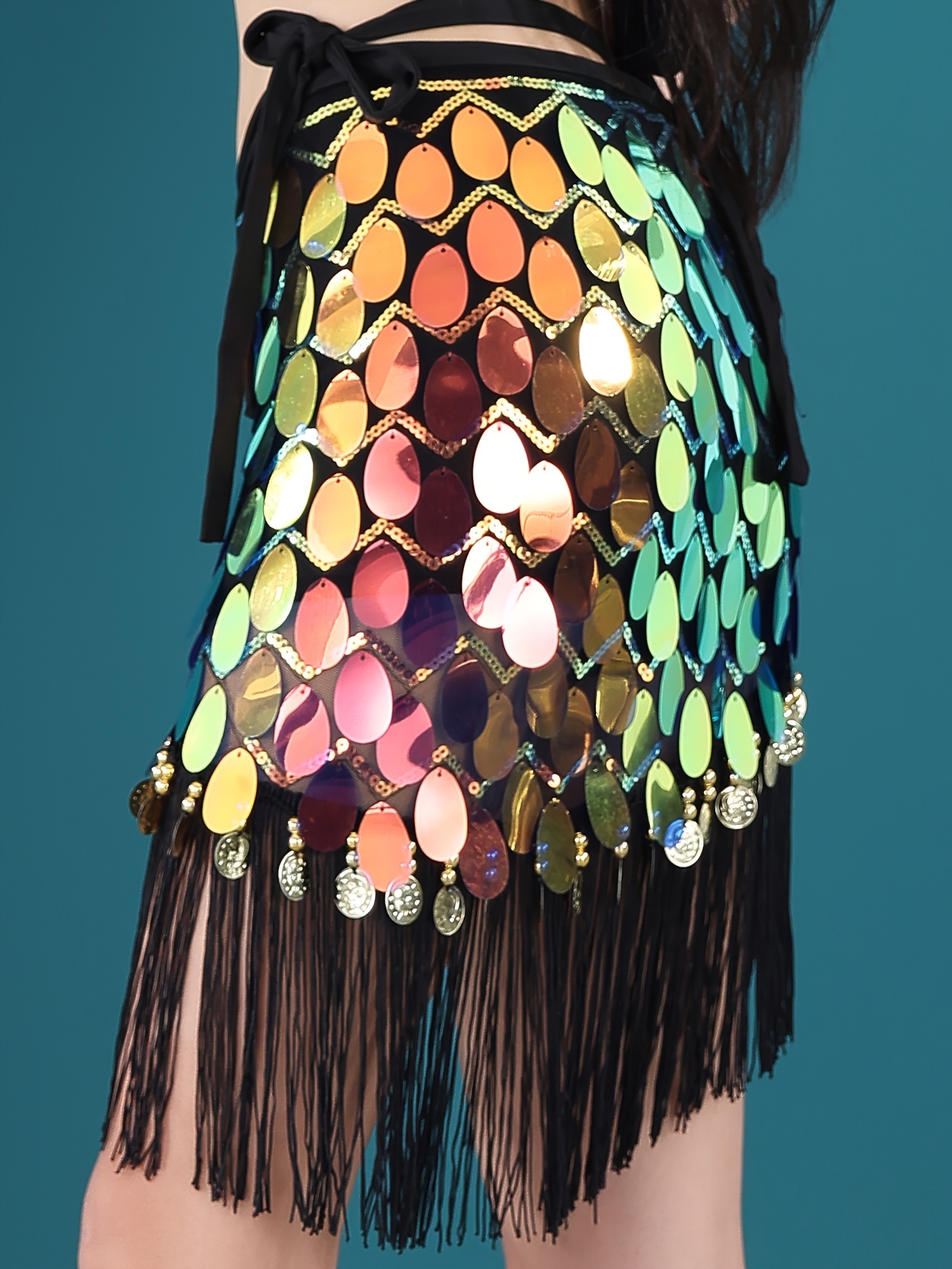 Foulard hanche de danse orientale noir avec sequins multicolores