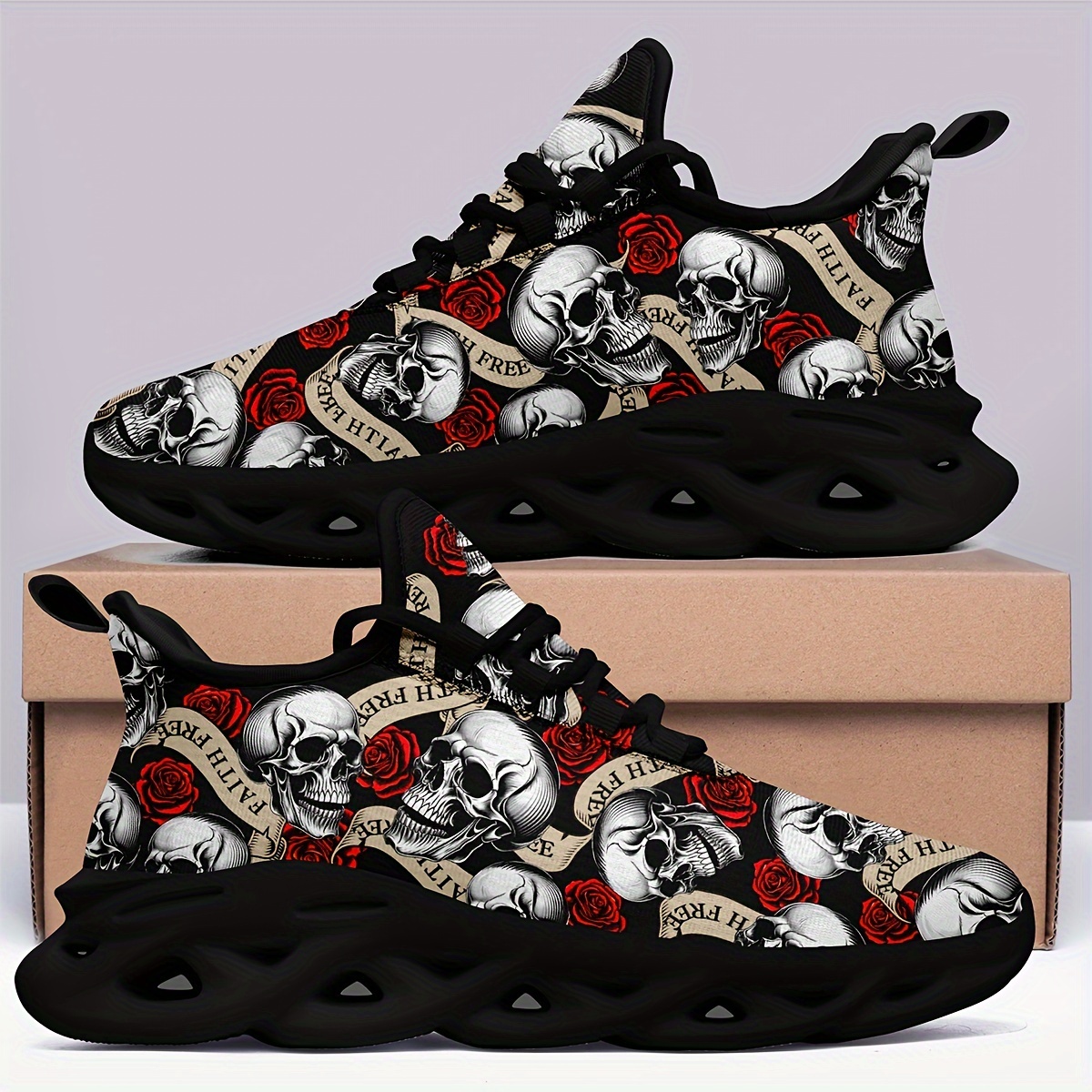 Women's Gothic Skull Rose Sneakers Lightweight Cushioned Running Shoes  with Arch, Breathable Slip- Black/Red/White//Gra