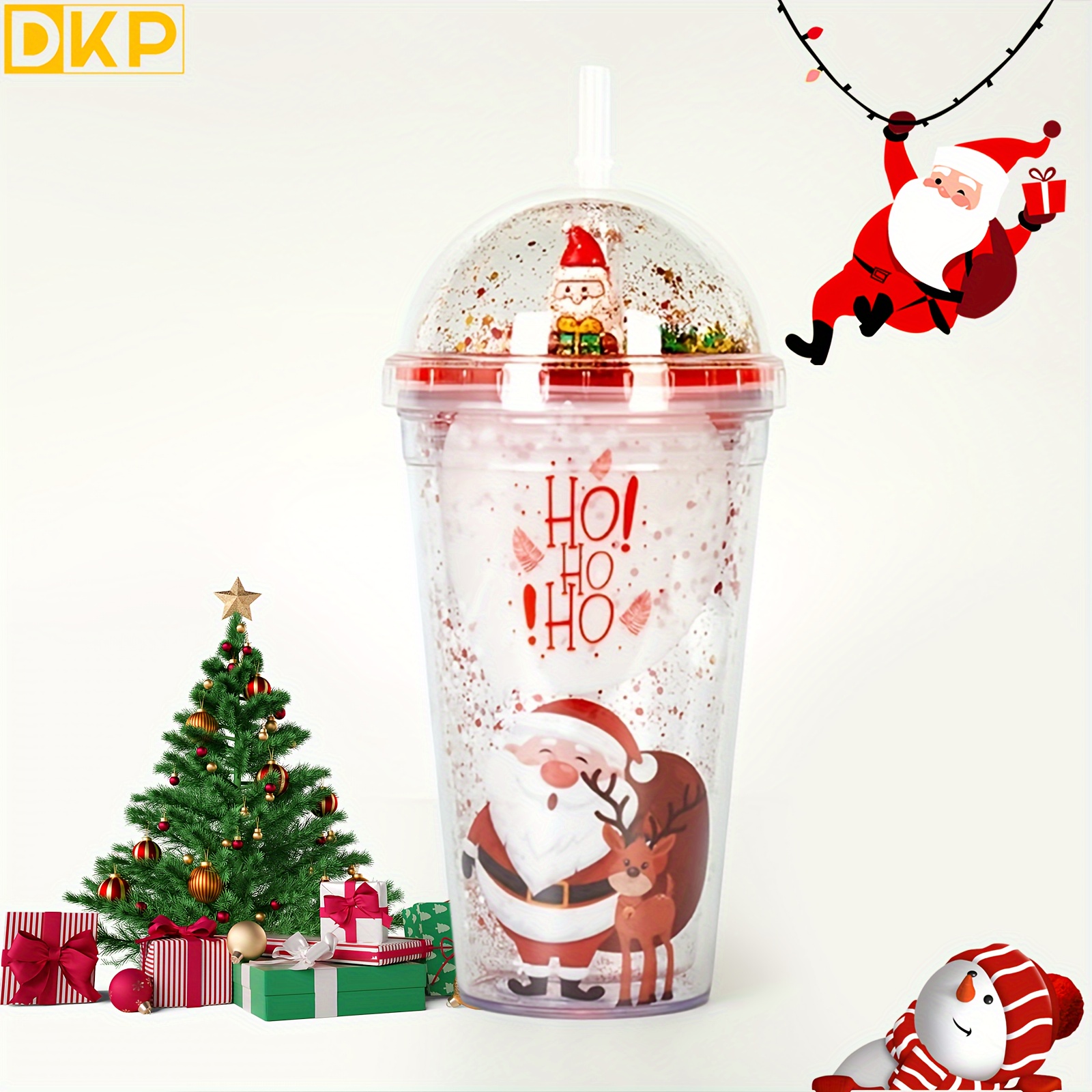 1pc Christmas Themed Double Layer Plastic Cup With Straw For Cold Drinks