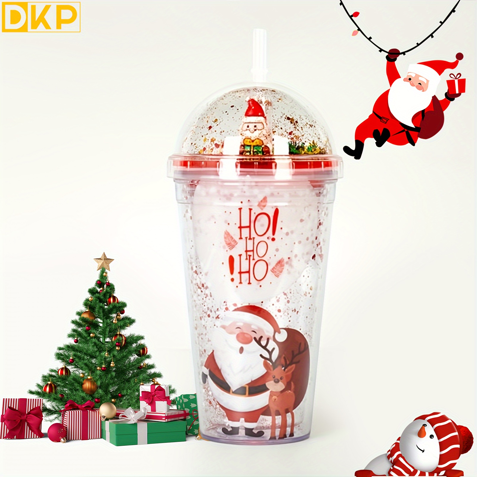 1pc Christmas Themed Double Layer Plastic Drinking Cup With Straw