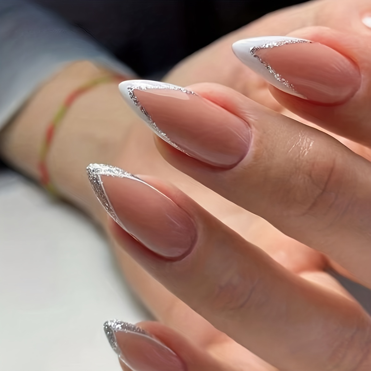 White French Tip Fake Nails Glitter Swirl Press On Nails - Temu