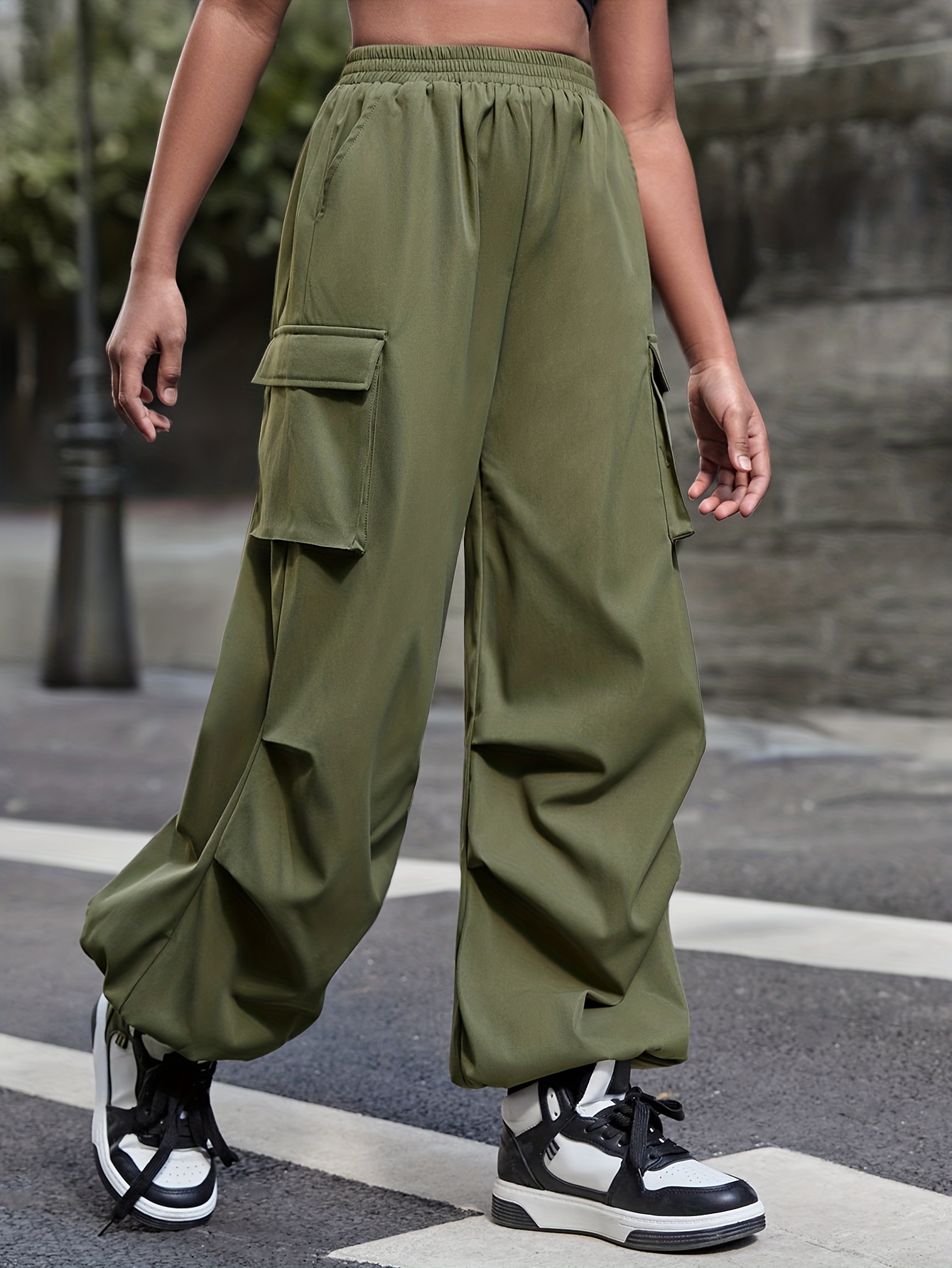 Teens Girls Trend Armygreen Cargo Pants Elastic Waist Flap Pockets  Trousers, Girl's Clothes