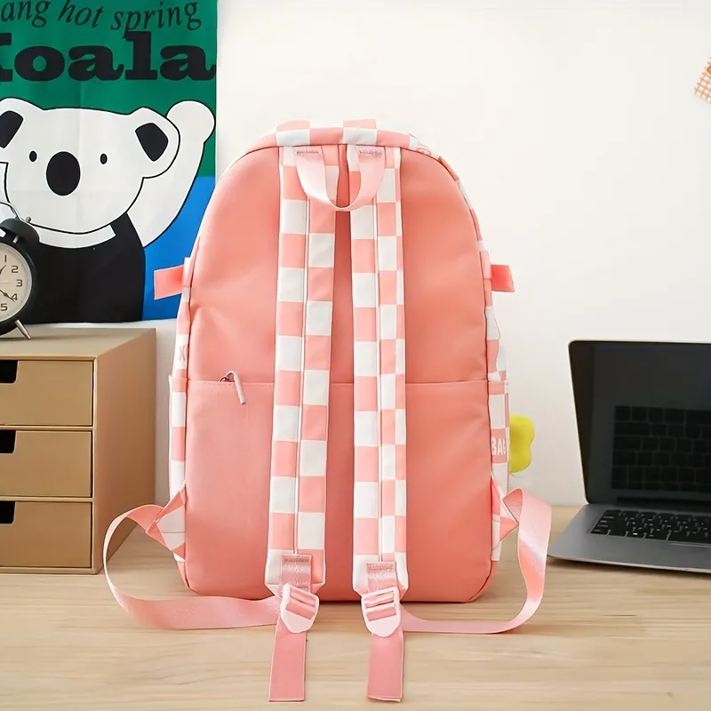 New Four-piece Student Schoolbag Casual Travel Backpack Shoulder Backpack  Fashion Plaid Bag, No Hanging Ornaments - Temu