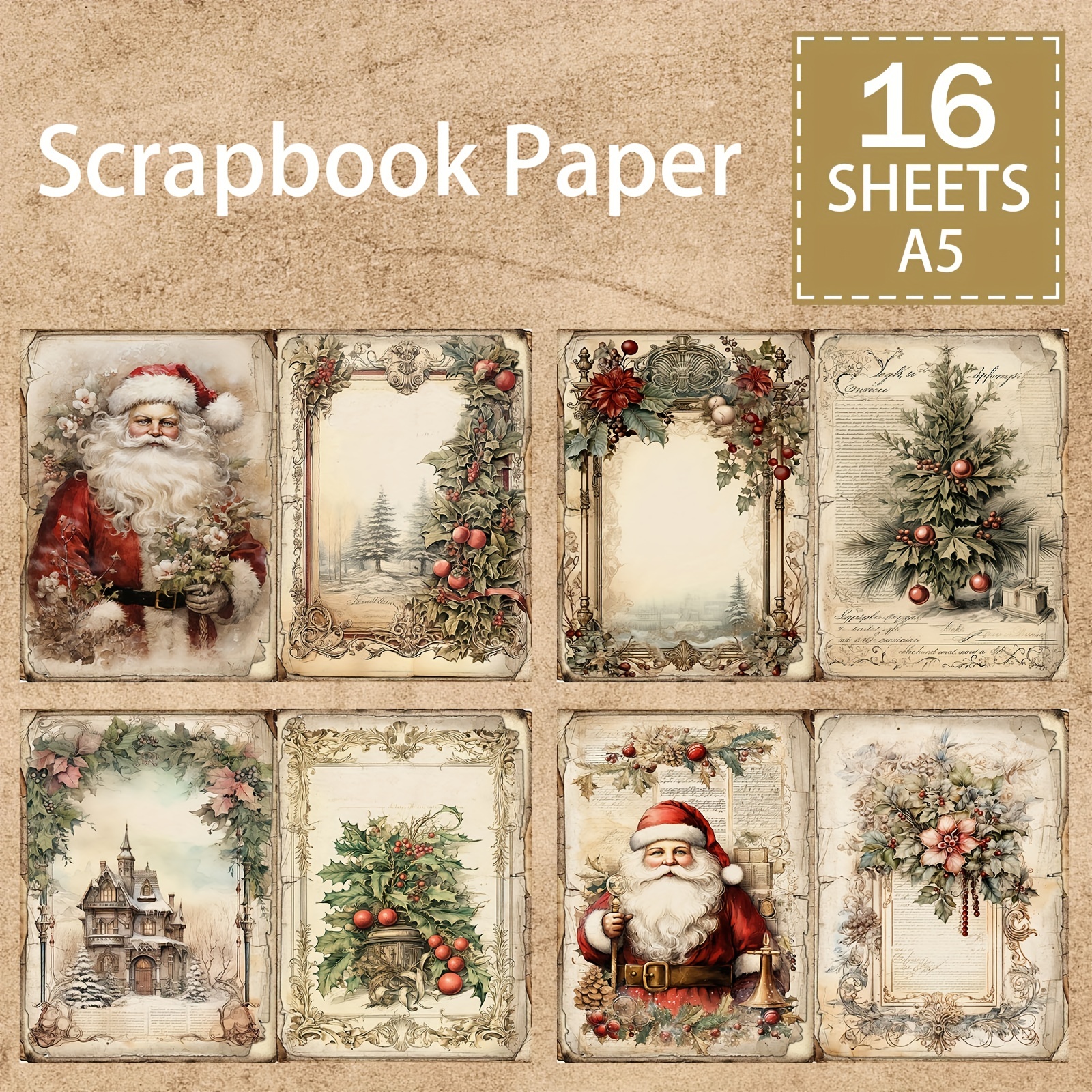 500 Sheets Christmas Vintage Scrapbook Paper Journaling Supplies Xmas Aesthetic Decorative Stationery Scrapbooking Paper for Travel Journal Art