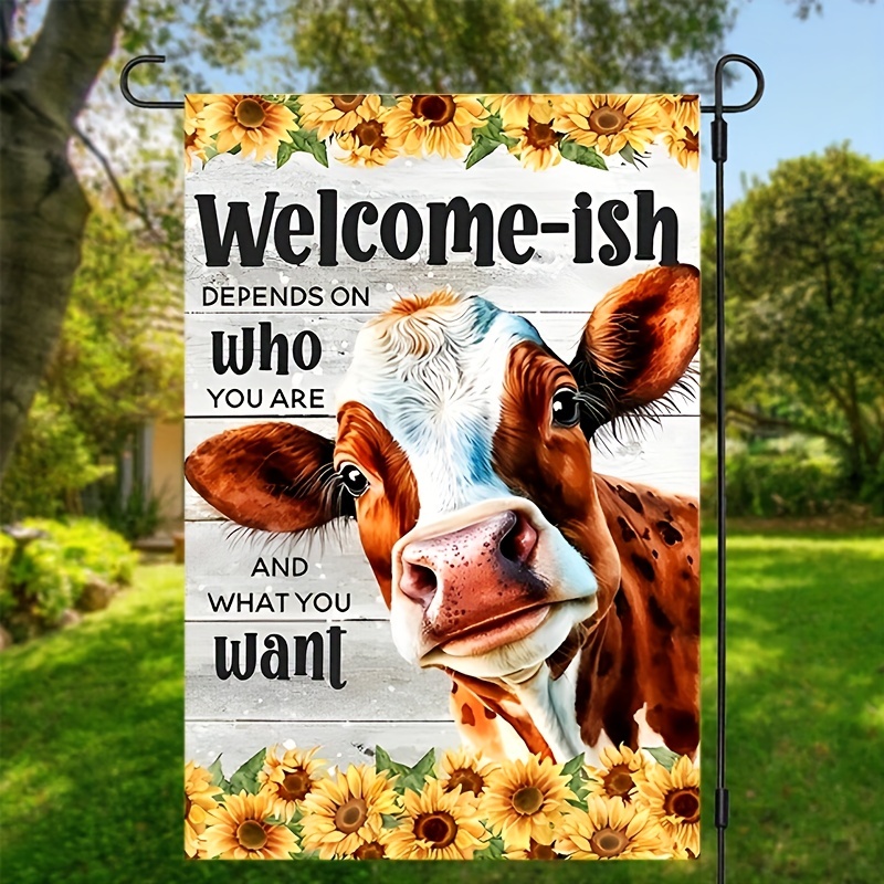 

1pc, Welcome Cow With Flower Garden Flag (12inx18in/30.48cmx45.72cm), Double-sided Rustic Farmhouse Burlap Yard Outdoor Decoration, Home Decor, Outdoor Decor, Yard Decor, Garden Decorations