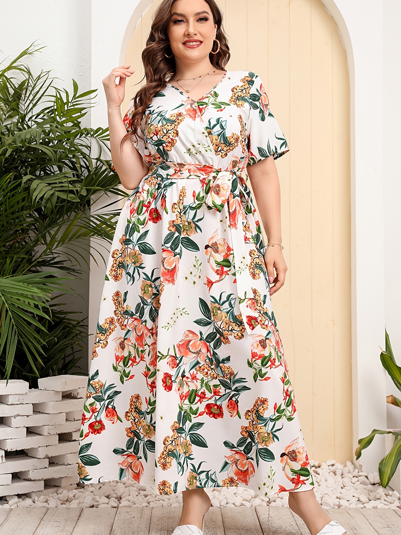 Plus Size Floral Print Short Sleeve Maxi Dress With Womens Plus V Neck Elegant Long Dress Women | High-quality & Affordable | Temu Canada