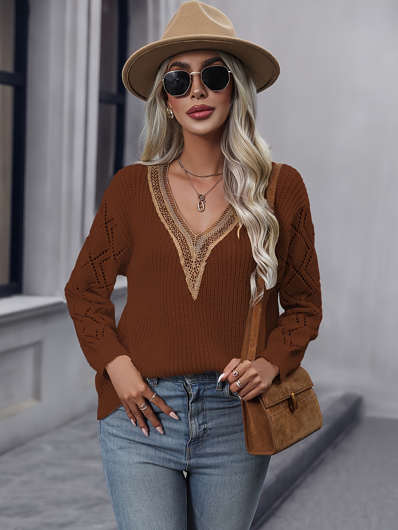 Dark Brown Crew-neck Sweater with Dark Brown Sunglasses Spring