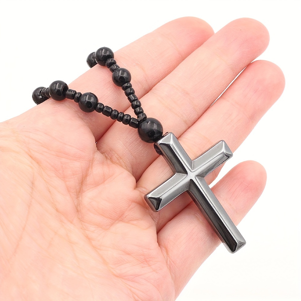1pc handmade black cross pendant glass bead long chain rosary prayer   necklace for men womens gift 6