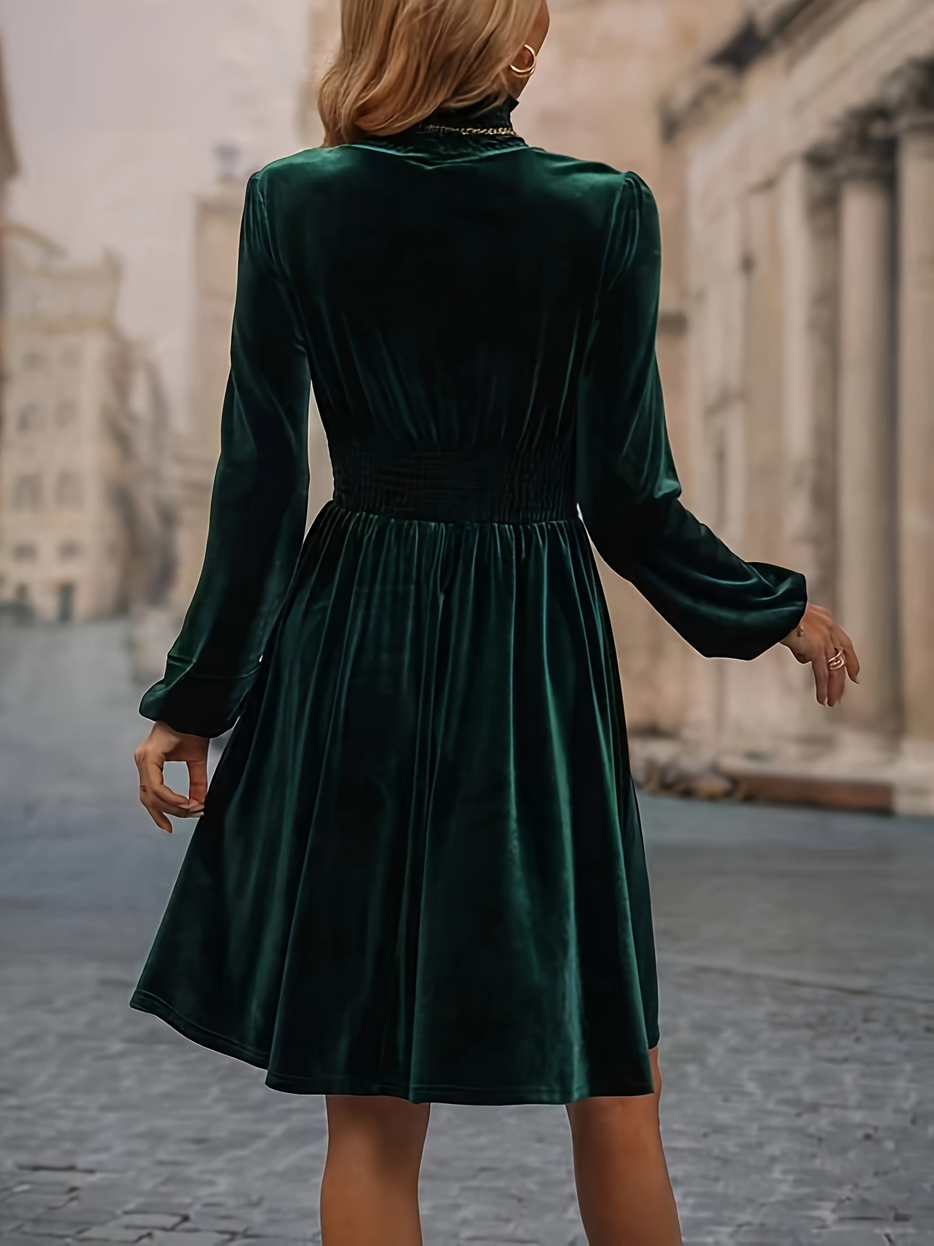 Solid Shirred Knee Length Dress, Elegant Long Sleeve Mock Neck Velvet  Dress, Women's Clothing