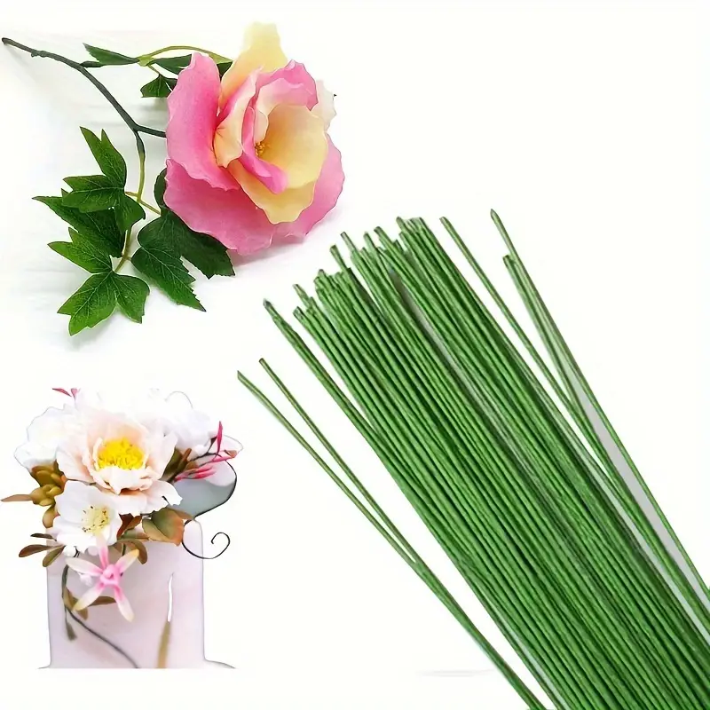 40pcs, L13.78inch Green/White Artificial Flower Stem Iron Wire Stem, Floral  Tape Rose Stems Craft Decorating, DIY Paper Flower Stub Accessory