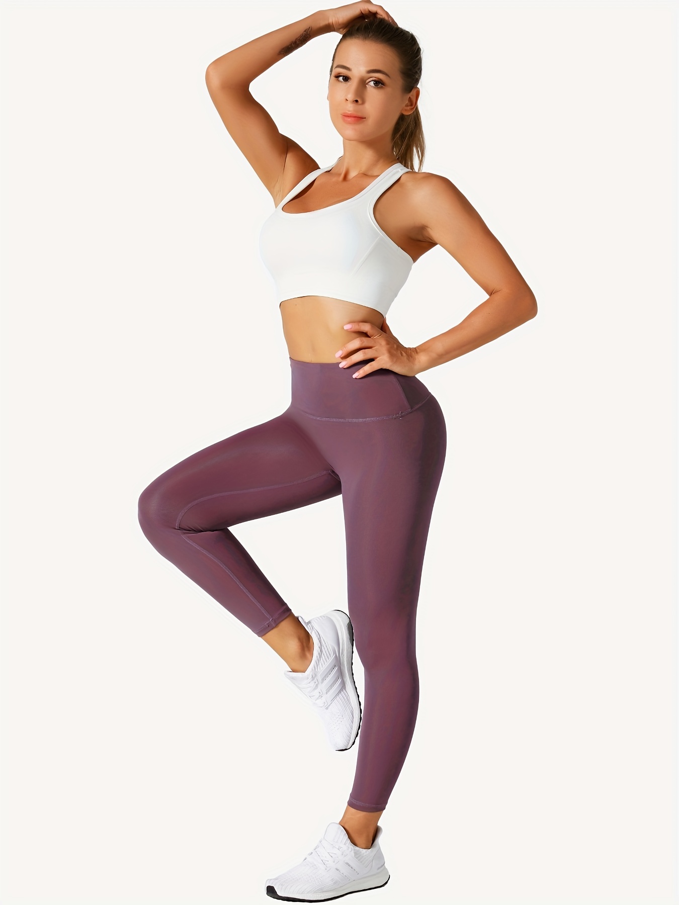 Solid Color Hip Lifting Fitness Gym Sports Leggings With Pocket, High Waist  Yoga Workout Running Tight Pants, Women's Activewear