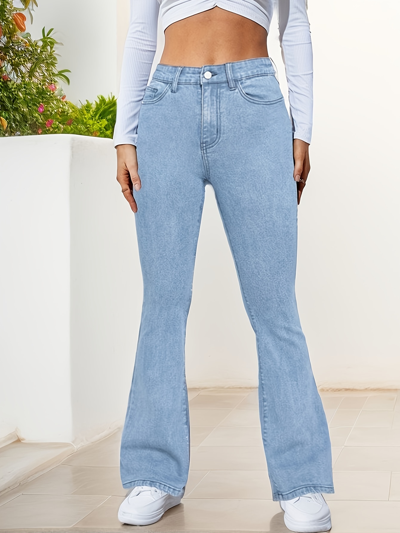 Blue Slim Fit Flare Jeans, Slant Pockets High Waist High-Stretch Bell  Bottom Jeans, Women's Denim Jeans & Clothing