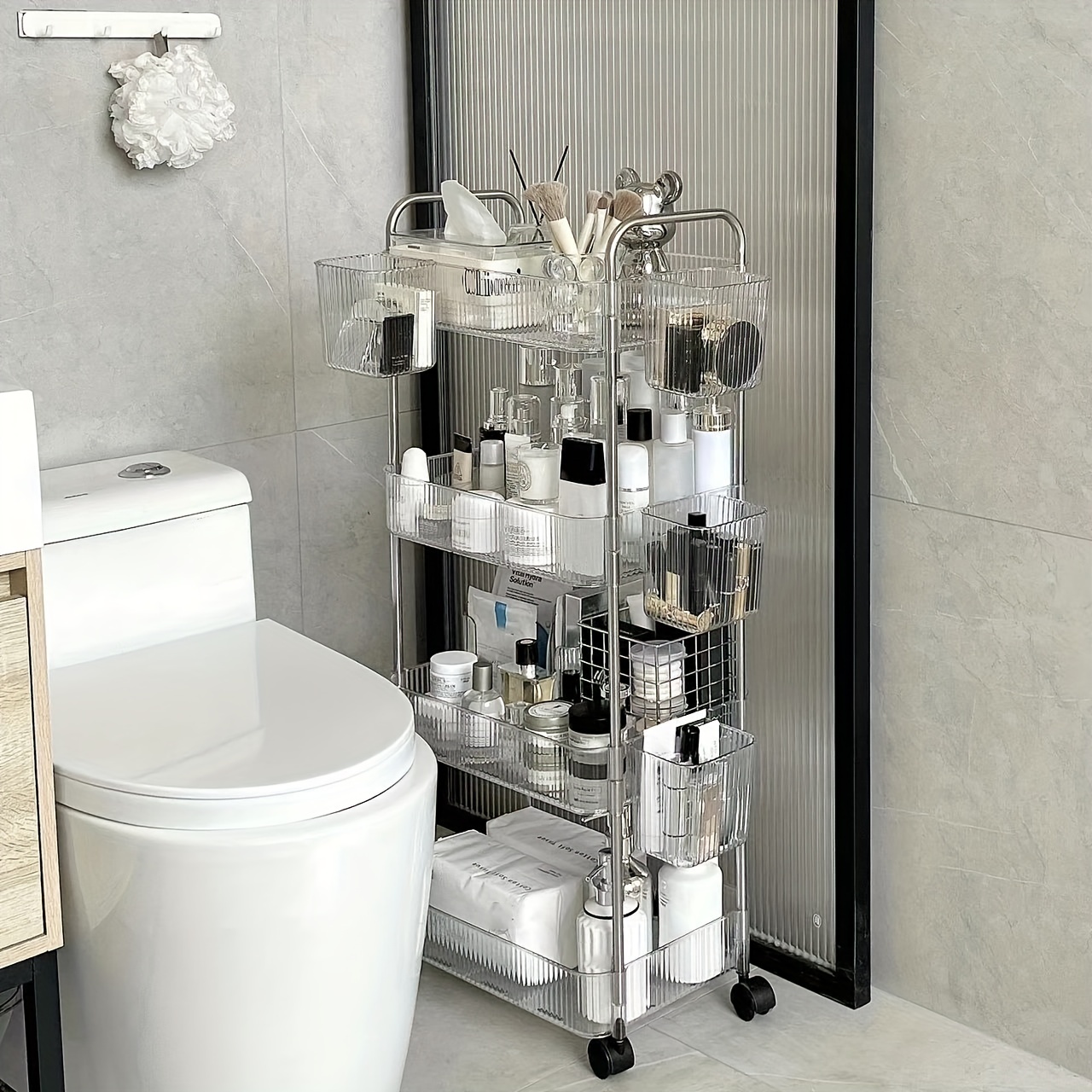 Armario estrecho de baño de 5 niveles, gabinete de almacenamiento delgado  para inodoro con cajones y ruedas transparentes, torre de tocador estrecha