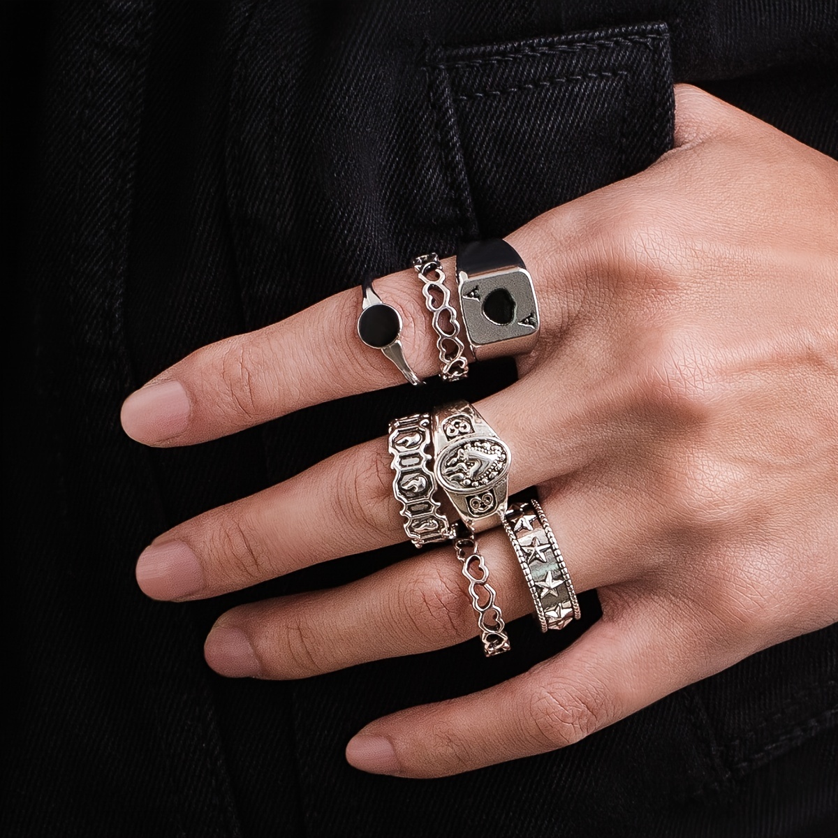 7 Piece Men Retro Hollow Love Element Charm Ring Set