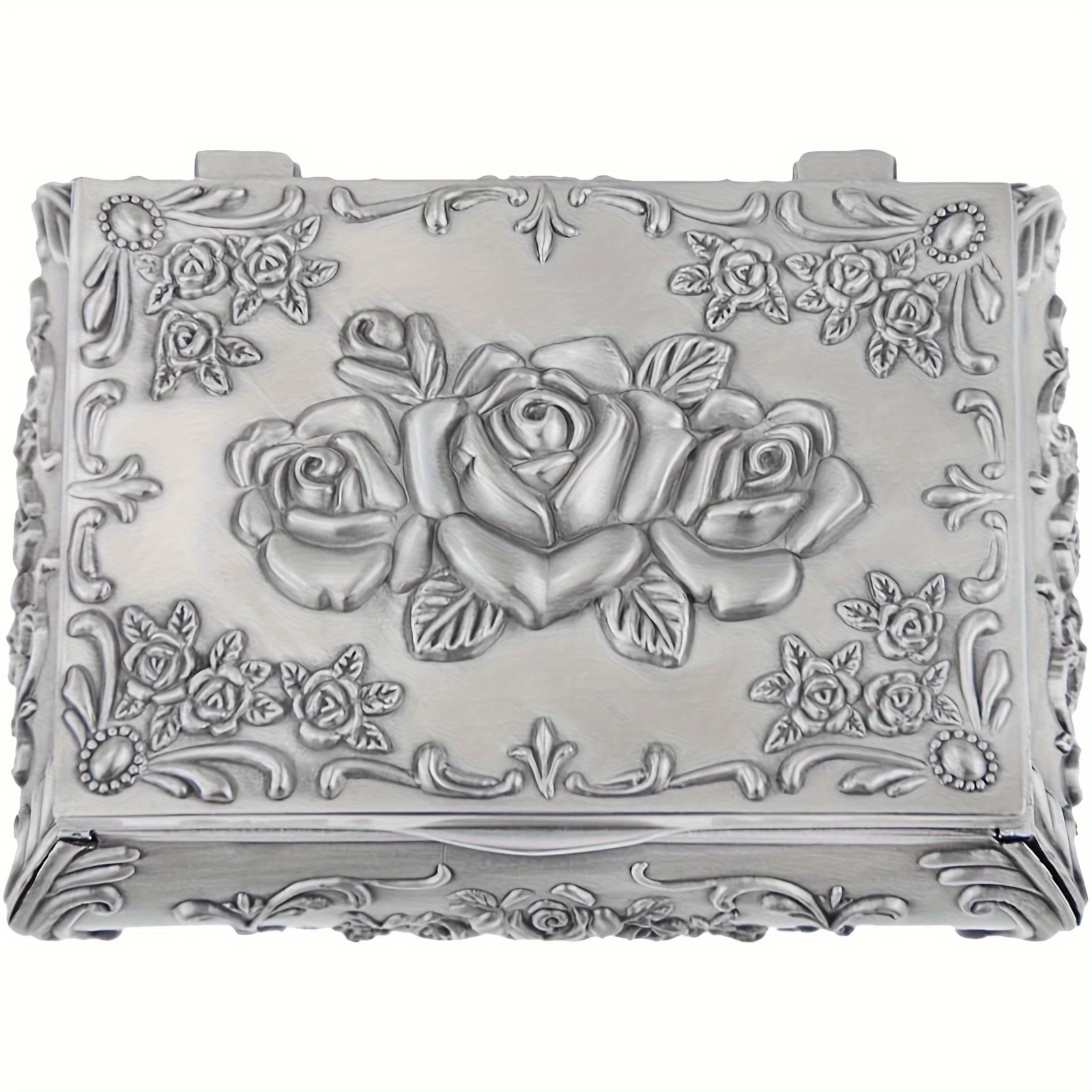 Vintage Jewelry Box, Metal Rectangular Small Jewelry Organizer Alloy  Flannel Trinket Box with Rose Engraved Design for Ring, Necklace, Earring,  Women