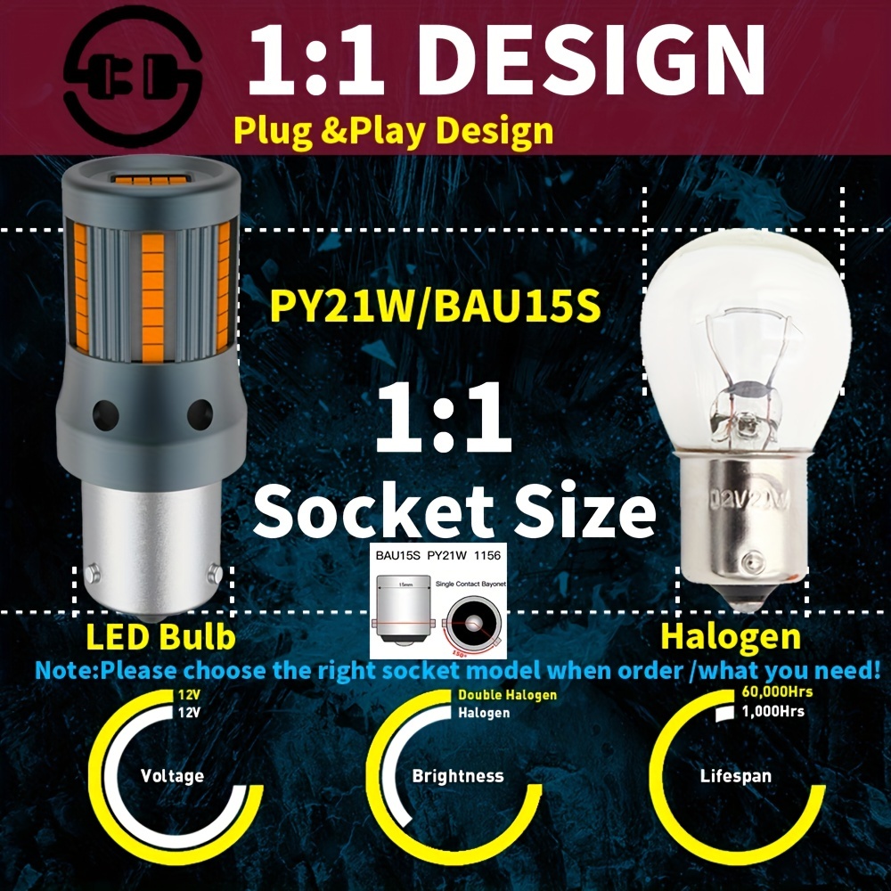 A Pack 1156 P21w Ba15s Bau15s Py21w 7507 Led Canbus No Hyper Flash Turn  Signal Light Bulb Built-in Resistor Error Free Orange