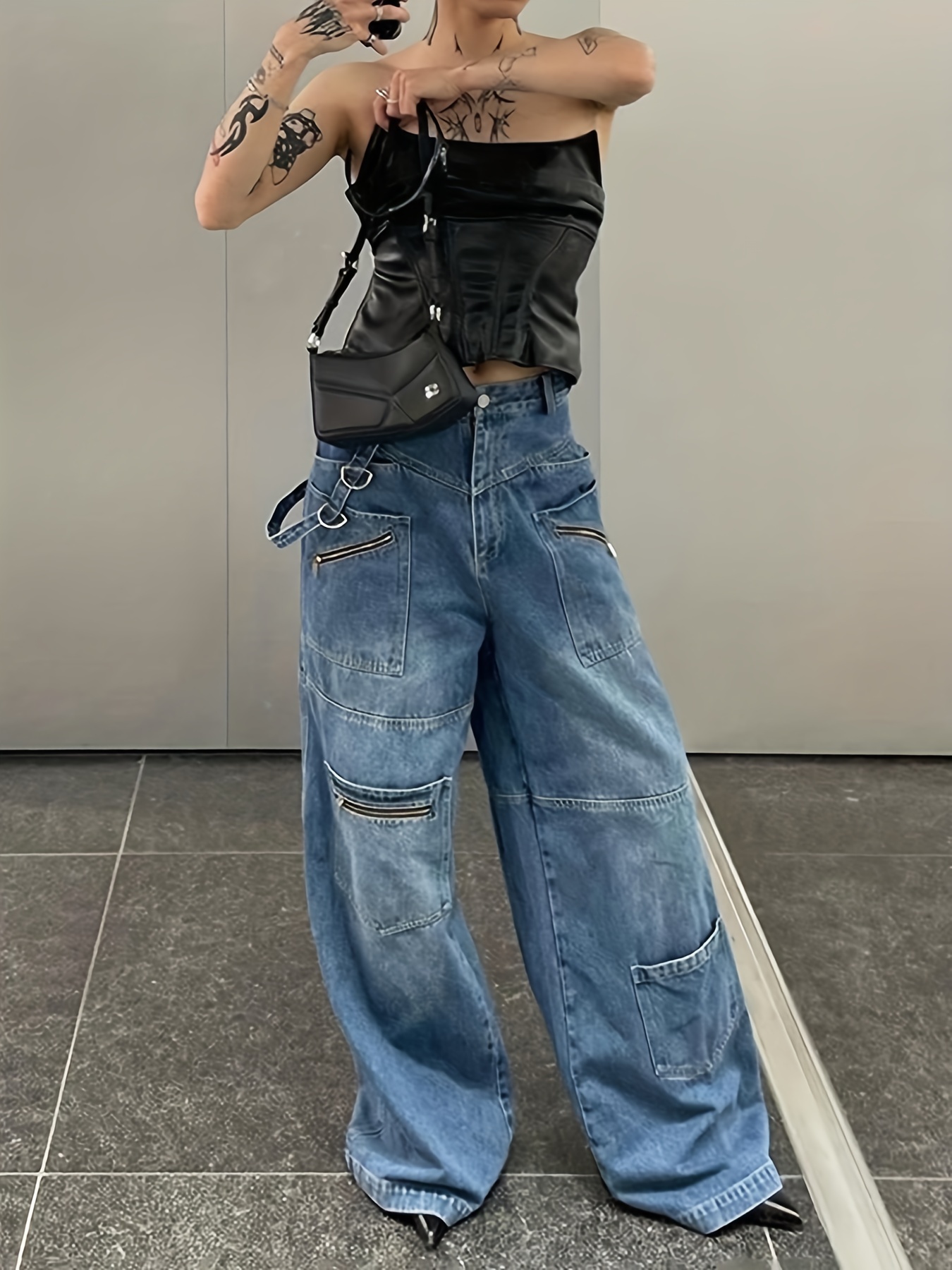 Grunge Hot Girl Vintage Big Pocket Oversized Baggy Cargo Jeans Femme  Elastic Waist Straight Wide Leg Pants Denim Trousers women