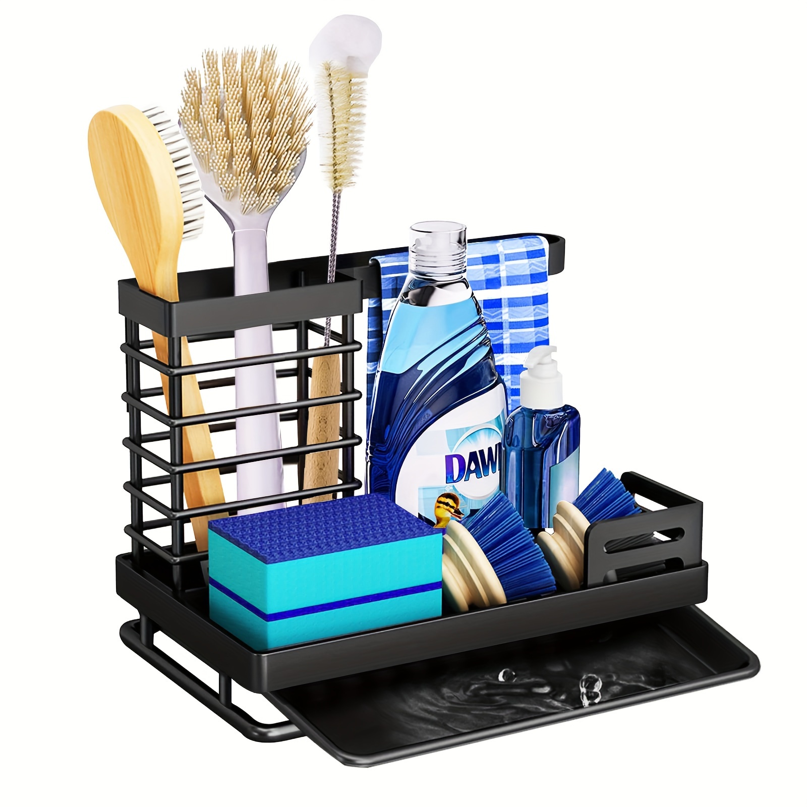 Organizador de fregadero de cocina, soporte de esponja para fregadero de  cocina con bandeja de goteo extraíble, soporte para cepillos de platos