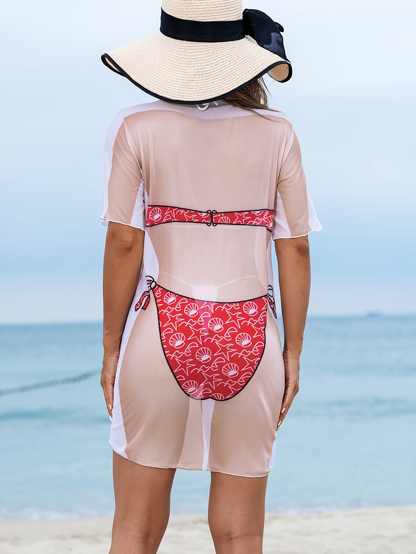 Funny Bikini Clad Body Graphic Print Loose Fit Mesh Shirt - Temu