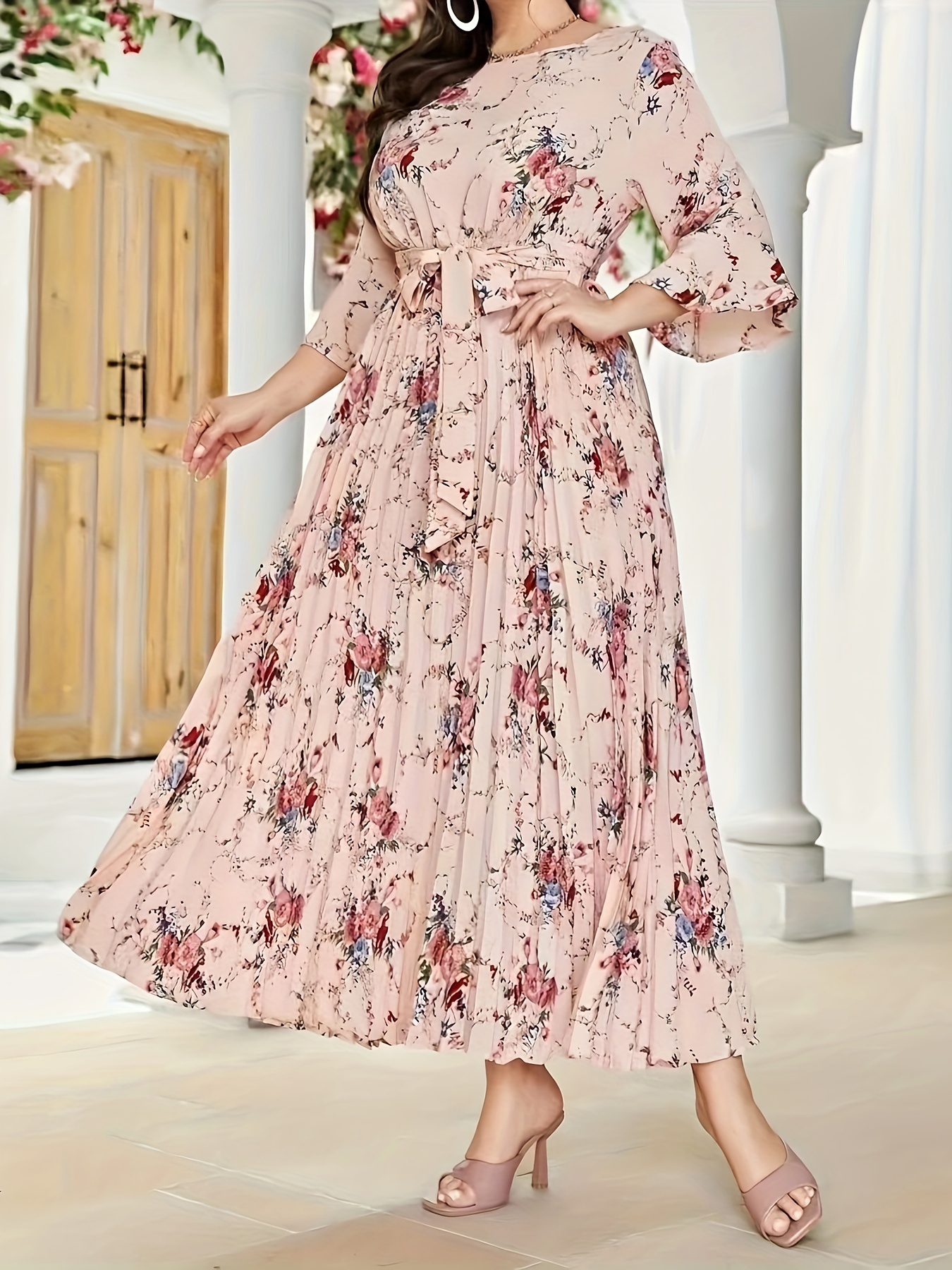 Floral print flared on sale sleeve pleated chiffon dress