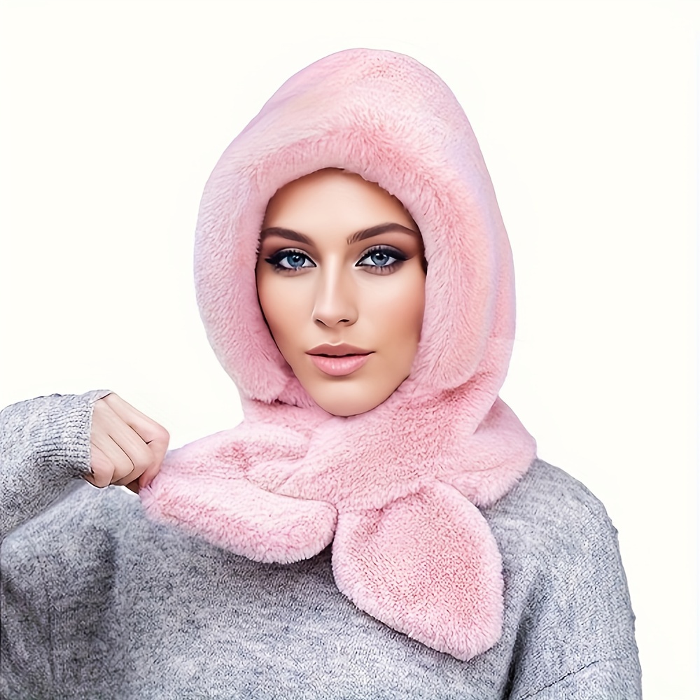 Winter Hooded Scarf Thick Faux Fur Plush Hats Solid Color - Temu
