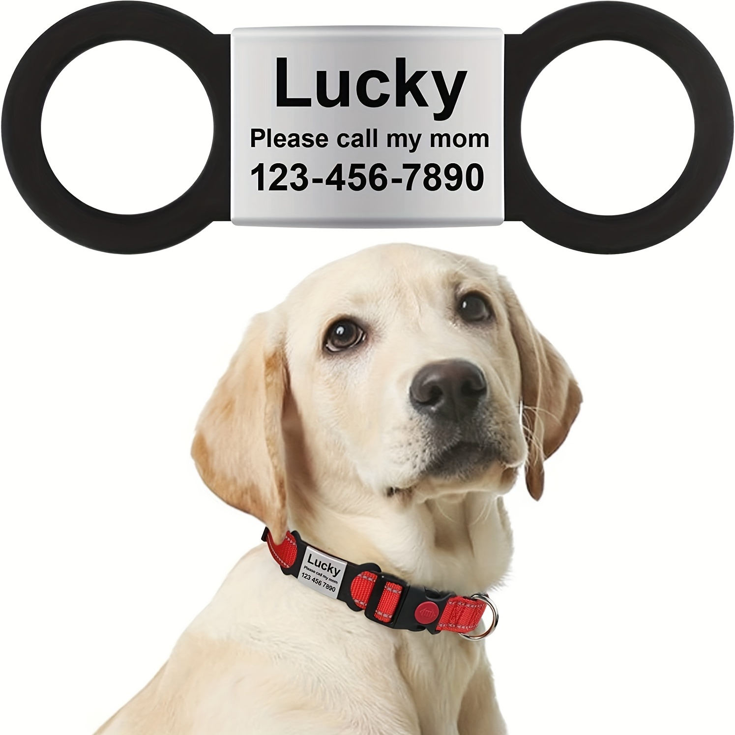 

Personalized Pet Tag Id: Custom Engraved Stainless Steel Name Plate With Elastic Silicone Band - Fits Most Collars!